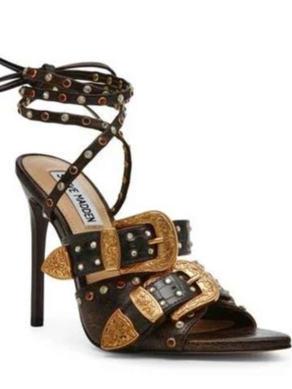 LIKE NEW Women's Black Saddle Embellished Ankle Strap Sandal Size